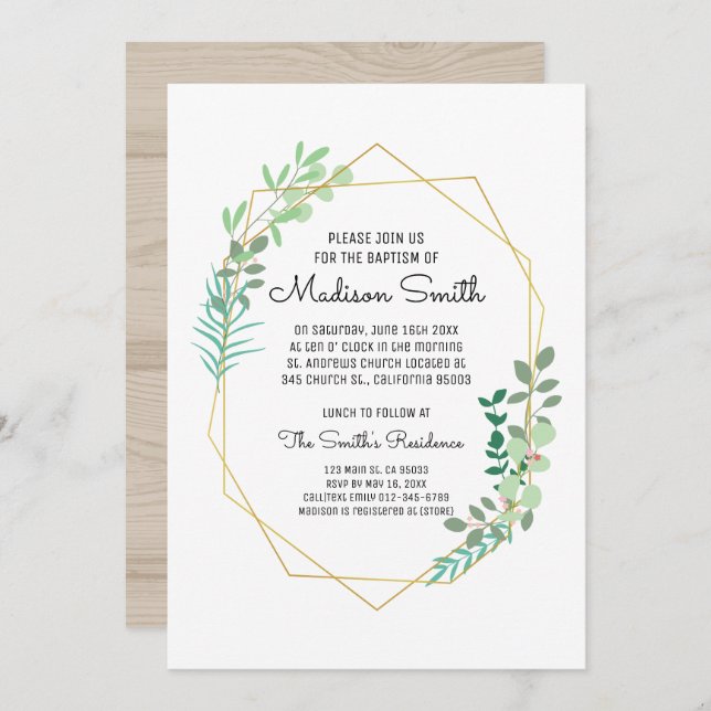 Geometric and Greenery Baptism Invitation (Front/Back)