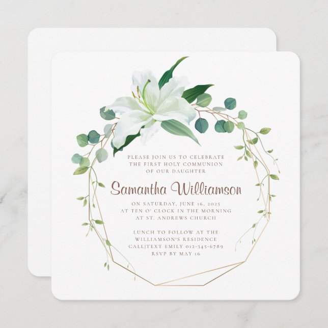 Geometric and Modern White Floral First  Communion Invitation (Front/Back)