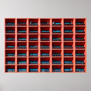 Geometric architectural background of coral colour poster