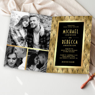 Geometric Art Deco Black Gold QR Code Wedding Invitation