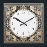 Geometric Art Deco Clock Black cream gold line art<br><div class="desc">art deco clock, art nouveau clock, gold cream white, 1920s square, stylish sophisticated 1920 style, retro vintage antique, old fashioned fancy, faux golden line art, simple minimalist square clock, minimal elegant pattern design</div>