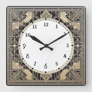 Geometric Art Deco Clock Black cream gold line art