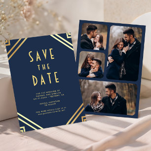 Geometric Art Deco Navy Blue Gold Photo Wedding Save The Date