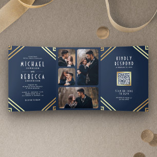 Geometric Art Deco Navy Blue Gold QR Code Wedding Tri-Fold Invitation