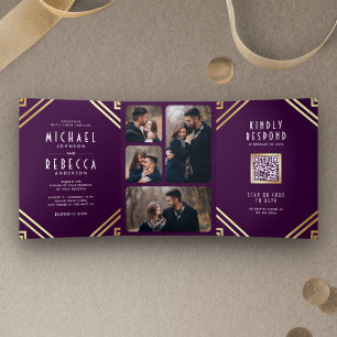 Geometric Art Deco Purple Gold QR Code Wedding Tri-Fold Invitation