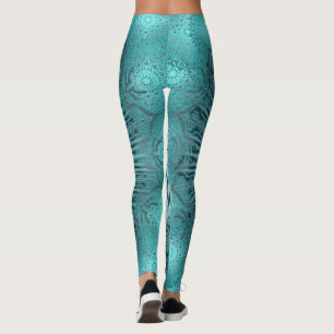 geometric art mandala floral turquoise flower yoga leggings