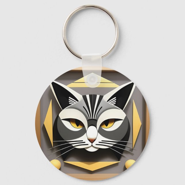 Geometric Art of a Stylised Cat Abstract Design Key Ring (Front)