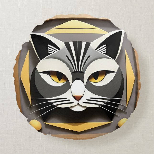 Geometric Art of a Stylised Cat Abstract Design Round Cushion (Front)