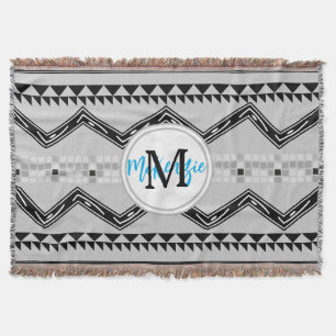 Geometric Aztec Black and Grey Monogram Pattern Throw Blanket