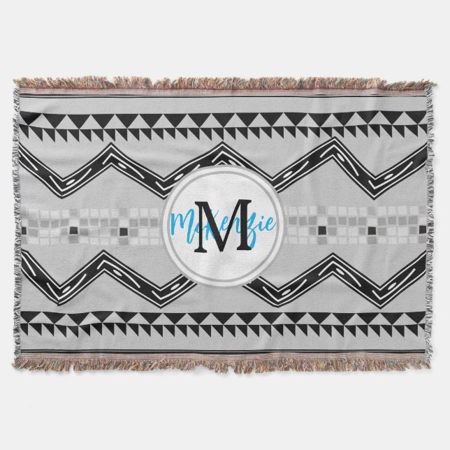 Geometric Aztec Black and Grey Monogram Pattern Throw Blanket (Front)