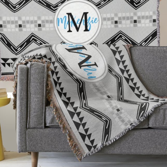 Geometric Aztec Black and Grey Monogram Pattern Throw Blanket (Creator Uploaded)