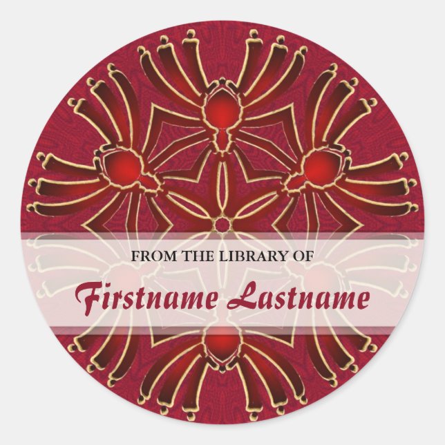 Geometric Azteck Spiderz : Red Gold Bookplate Stic Classic Round Sticker (Front)
