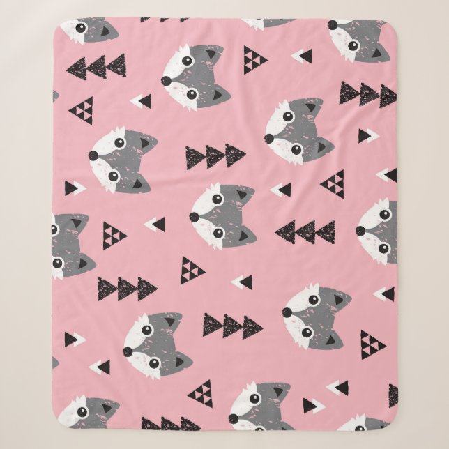 Geometric Baby Fox Woodland Pattern Sherpa Blanket (Front)