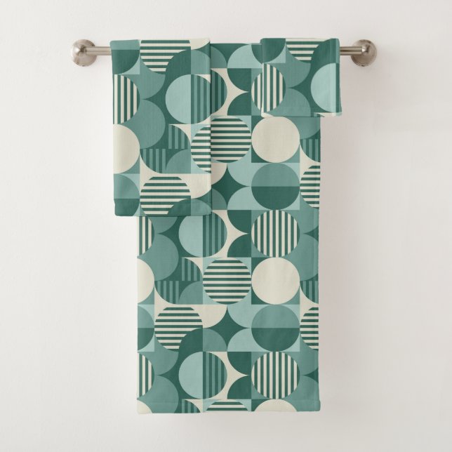 Geometric Bauhaus, Teal, Seafoam, Cream Bath Towel Set (Insitu)