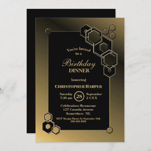 Geometric Black and Gold Birthday Dinner Party Invitation