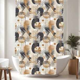 Geometric Black and Gold Floral Leaves Shower Curtain