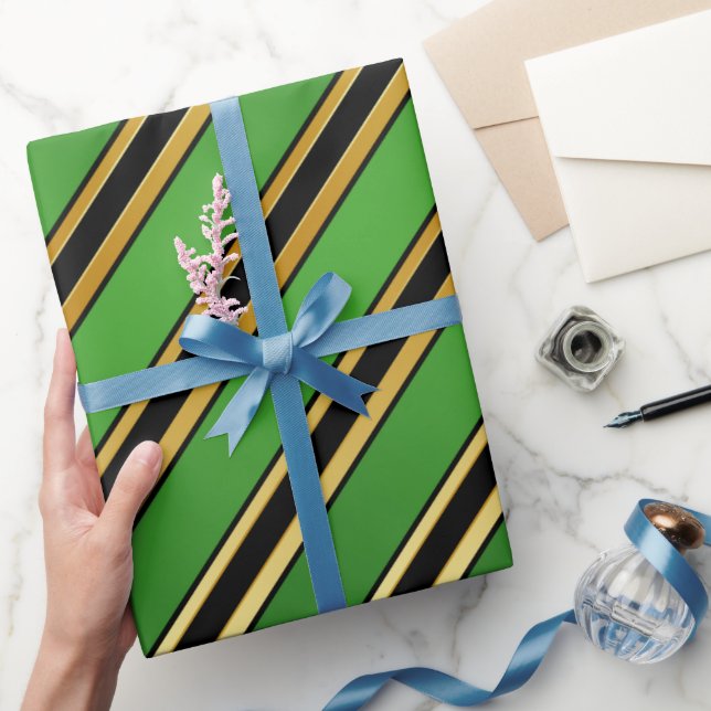 Geometric Black and Gold Stripes on Green Wrapping Paper (Gifting)
