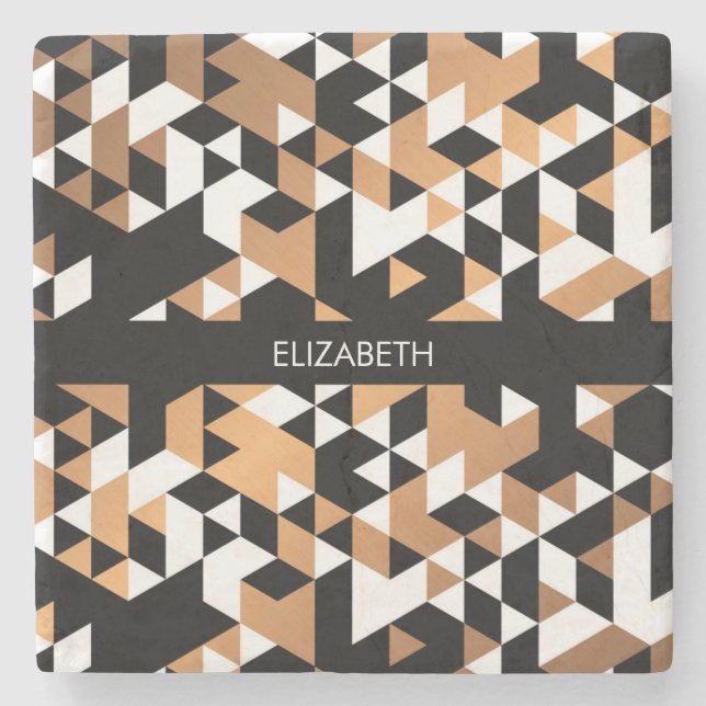 Geometric Black and Golden Pattern Stone Coaster (Front)