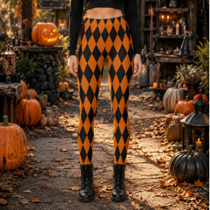 Geometric Black and Orange Diamond Halloween Leggings