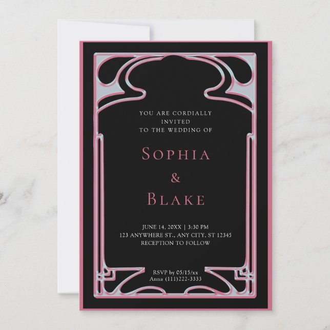 Geometric Black and Pink Art Deco Wedding Invitation (Front)