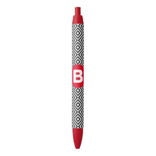 Geometric Black and White Pattern Red Monogram Black Ink Pen