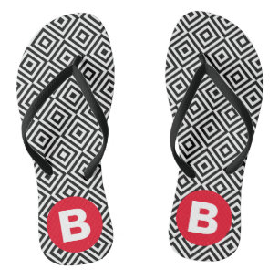 Geometric Black and White Pattern Red Monogram Jandals