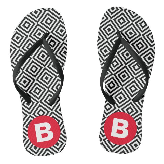 Geometric Black and White Pattern Red Monogram Jandals (Footbed)