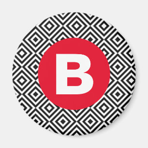 Geometric Black and White Pattern Red Monogram Magnet