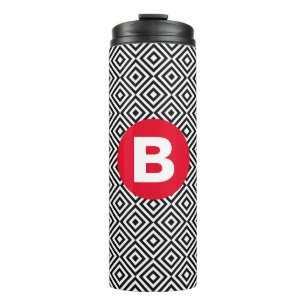 Geometric Black and White Pattern Red Monogram Thermal Tumbler