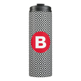 Geometric Black and White Pattern Red Monogram Thermal Tumbler