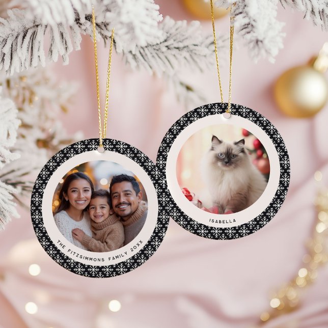 Geometric Black and White Scandinavian 2 Photos Ceramic Tree Decoration (Neutral Snowflake Modern 2 Photos Christmas Ornament black)