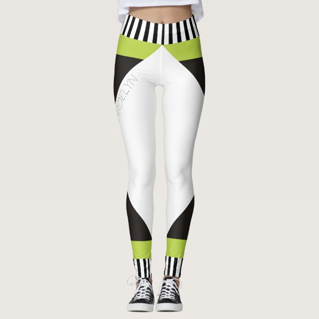 Geometric black and white stripes modern green leggings (Front)
