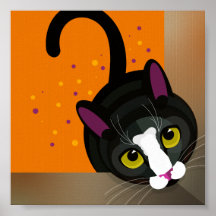 Geometric black cat peering into cardboard box