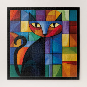 Geometric Black Cat Stained Glass Grid Jigsaw Puzzle