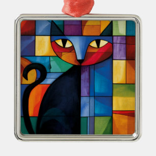 Geometric Black Cat Stained Glass Grid Metal Tree Decoration