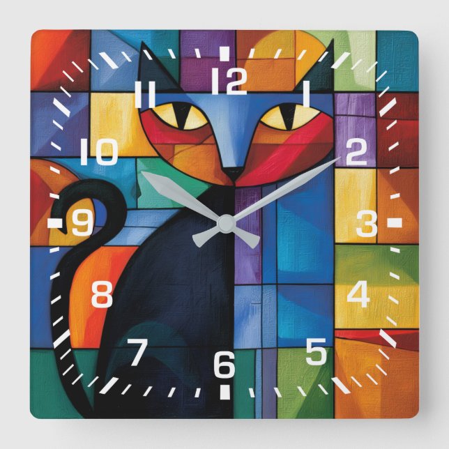 Geometric Black Cat Stained Glass Grid Square Wall Clock (Front)