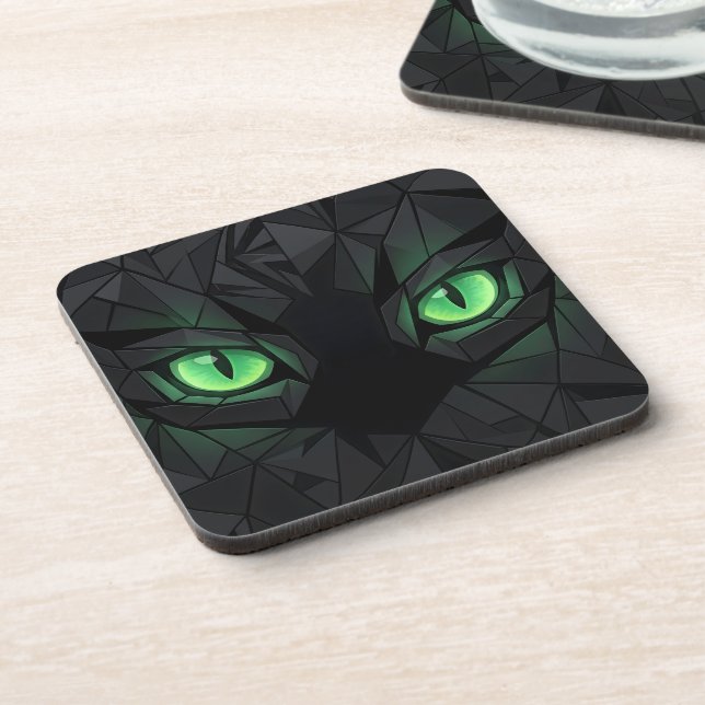 Geometric Black Cat with Emerald Green Eyes Coaster (Left Side)
