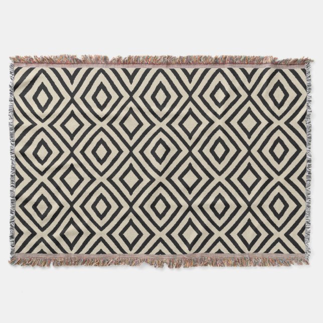 Geometric Black & Cream Diamond Pattern Throw Blanket (Front)