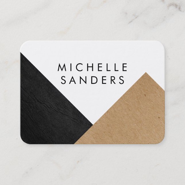 Geometric Black Faux Leather Craft Paper White Business Card (Front)