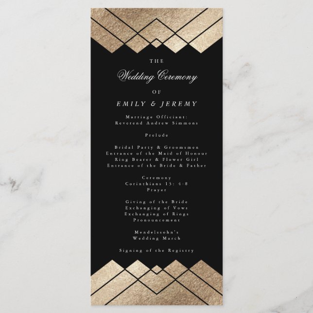 Geometric Black Gold Gatsby Wedding Program Programme (Front)