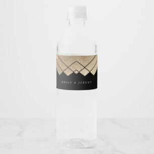 Geometric Black Gold Gatsby Wedding Water Bottle Label