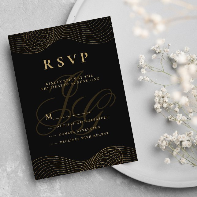 Geometric black gold monogram initials RSVP Invitation (Geometric black gold monogram initials RSVP)