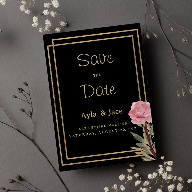 Geometric black gold pink flower Save the Date Invitation (Geometric black gold pink flower Save the Date)