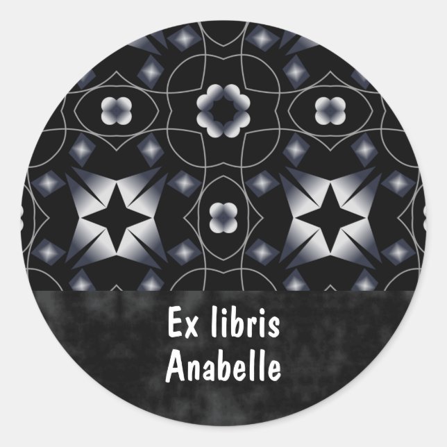Geometric Black Kaleidoscope Pattern Bookplate Classic Round Sticker (Front)
