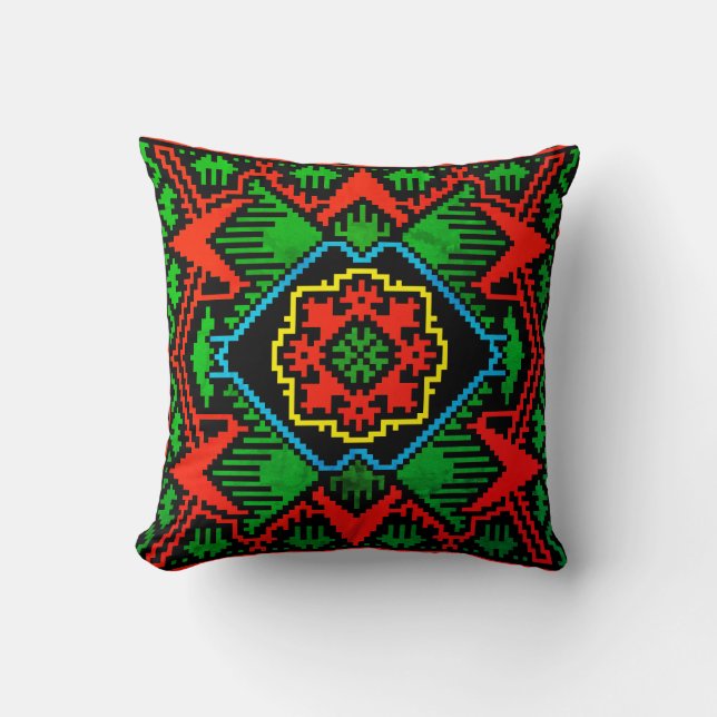 Geometric black, red, green Latvian tribal pattern Cushion (Front)