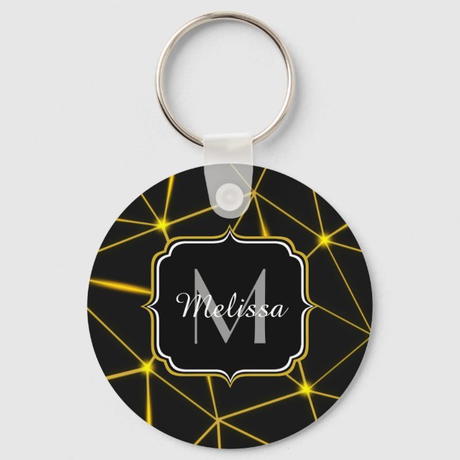 Geometric black triangles gold lines Monogram Key Ring (Front)