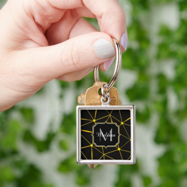 Geometric black triangles gold lines Monogram Key Ring (Hand)