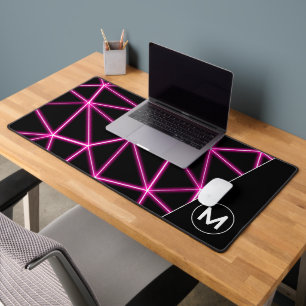 Geometric black triangles neon pink lines Monogram Desk Mat