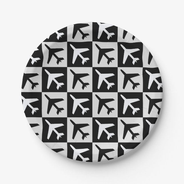 Geometric Black White Aviation Jets Aeroplane Paper Plate (Front)