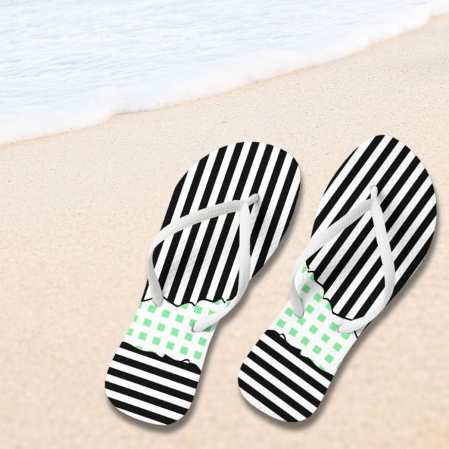 Geometric Black, White, Green Stripes Net Layered Jandals (Geometric Black, White, Green Stripes Net Layered Flip Flops)